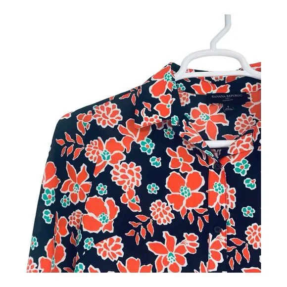 Banana Republic Classic Fit‎ Floral Coral Navy Blue Blouse Top Size Small - Picture 5 of 8
